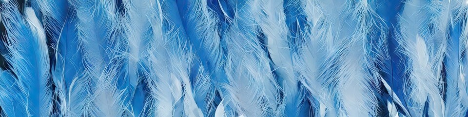 Fototapeta na wymiar Colorful blue feathers - bright and vibrant feathers in a panoramic extra wide banner image by generative AI