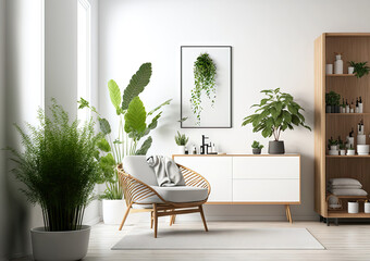 Scandinavian minimal home living room interior design with bathroom with bathtub in the background. wood furnitures, cabinet, indoor plants, frame mockup on white wall. , 3d illustration. Generative
