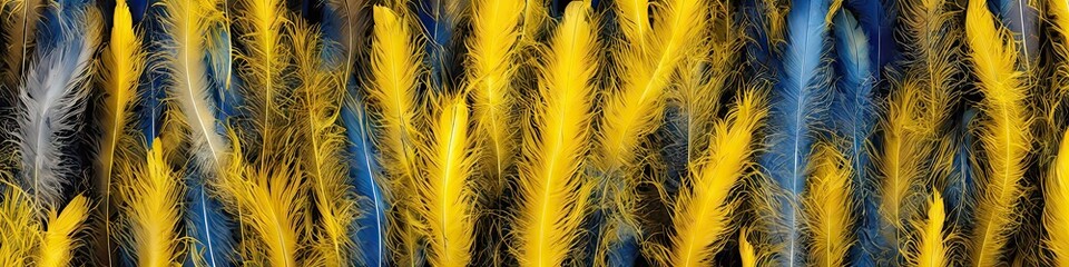 Colorful yellow feathers - bright and vibrant feathers in a panoramic extra wide banner image by generative AI