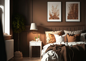 Mockup of a bedroom's interior with a brown wall. Generative AI