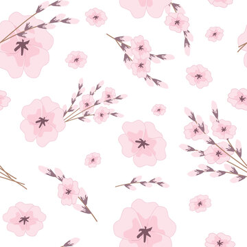 Spring seamless pattern with flowers on a white background. Floral vector illustration for linen, textile, background, print.