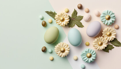 Obraz na płótnie Canvas Easter pastel color background, Easter eggs, backdrop, flower, floral, leaf decoration. Generative AI