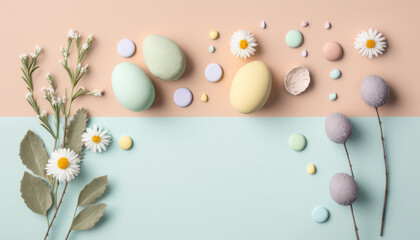 Easter pastel color background, Easter eggs, backdrop, flower, floral, leaf decoration. Generative AI