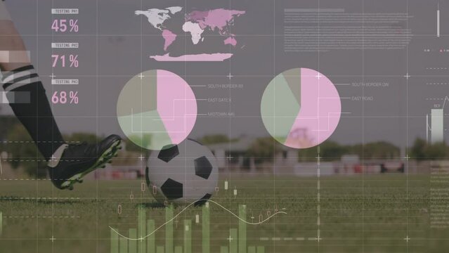 Animation of digital screen with data over legs of caucasian woman kicking soccer ball
