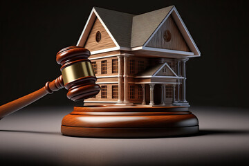 Real estate auction and concept judge. gavel, house model, and legal texts. Generative AI
