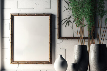 Elegant bamboo frames are displayed on a white brick wall. Generative AI