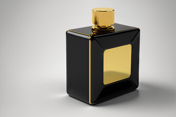 Unbranded black square perfume bottle on a white background with golden rectangular form. Mockup, template, and copy space for the front. Generative AI