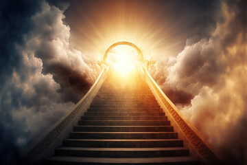 ascending stairs to the sun. God is great. bright heavenly light background religion wonderful sky the dawn sky born light solar flare up. Generative AI - obrazy, fototapety, plakaty