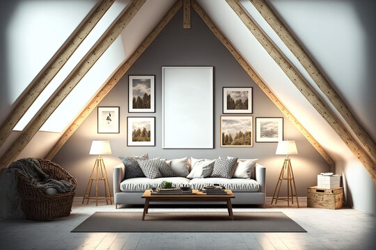 A representation of an attic living room with mockup frames for the walls. Generative AI