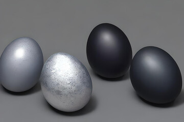 Eggs, black, grey, silver, blue on grey background.
