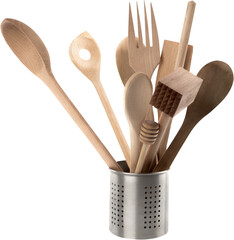 Container with Wooden Kitchen Utensils - Isolated