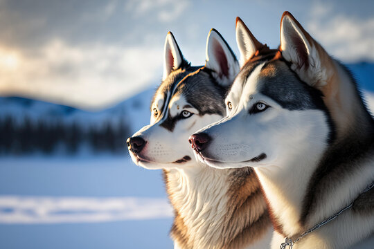 Two Siberian husky dogs in a wintertime photograph against a clear sky. Huskies rest on snow. Generative AI