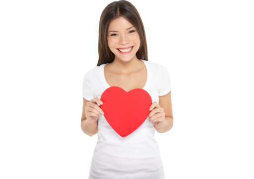 Valentines woman holding heart smiling happy. Love concept with happy multiracial Asian / Caucasian female model isolated in transparent PNG. - Powered by Adobe