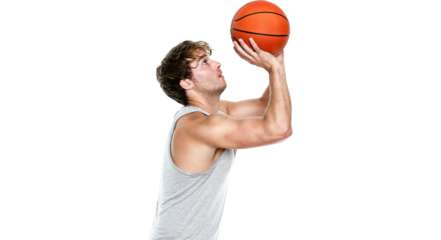 Basketball player shooting isolated in transparent PNG. Muscular fit young Caucasian sport fitness model in his 20s.