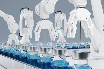 Production line of vaccine vials automated by robotic arms. Illustration of the concept of the manufacturing of medicine and pharmaceutical industry