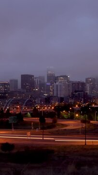 Vertical Video Denver Skyline Dramatic Sunrise in Fog Timelapse