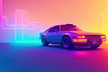 80s retro futuristic drive, vintage car. Synthwave sci-fi landscape. Retrowave style, night sky. Vaporwave. Generative AI