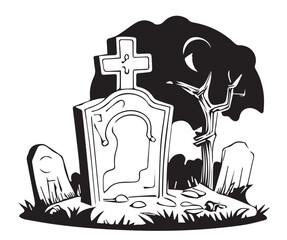 Grave in cartoon black and white style for coloring. Vector illustration