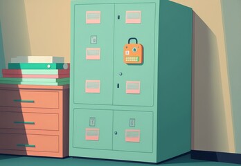 Locker in the office with a key and an empty key tag. filing cabinet lock and key for a public building's safety and security system. In a commercial office, document files are locked securely. colore