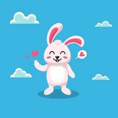 Flat Illustration of Bunny with Korean Love Finger Sign. Valentine's Day Vector Illustration.