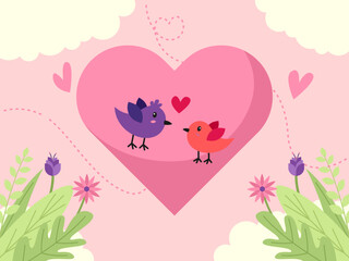 Hand Drawn of Birds Couple Love. Valentine's Day Vector Illustration.