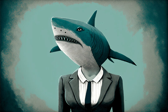 Shark woman illustration. Shark businesswoman. Woman with suit and shark head. Shark tank. Business ideas on the rise. Risk. Wall Street Shark.  Risky business. Finance conceptual image. Generative ai