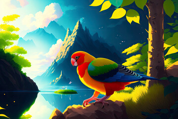 Fototapeta na wymiar Digital art painting on canvas of parrot lovebird is sitting. Generative AI