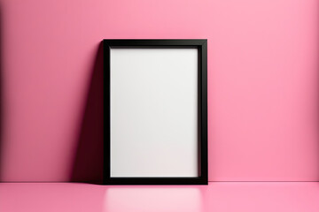 On a pink wall, a black photo frame is hanging. Template for a blank mockup. Generative AI