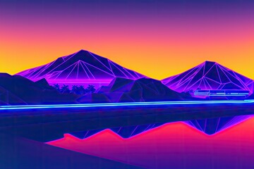 Fototapeta na wymiar 80s synthwave styled landscape, retrowave wireframe mountains, neon lines over arcade space planet canyon. Generative AI