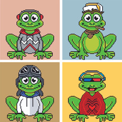 frog character set with accessories in pixel art 