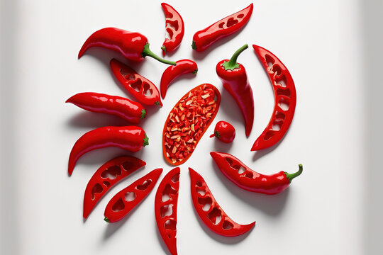 Slices of a red chili pepper on a white backdrop. flattop view. Generative AI