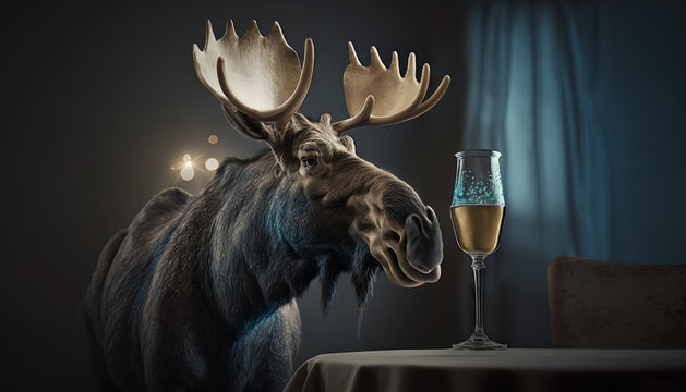 Big Bull moose inside celebrating with a glass of champagne celebrating a special occasion at the dinner table by himself.  Image created with digital ai