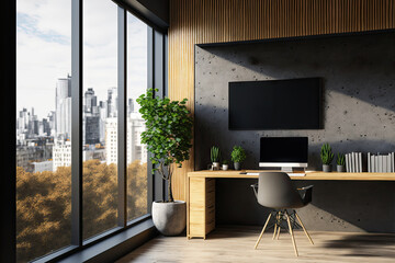 Contemporary concrete and wooden stylish designer office interior with window and city view, furniture, supplies, laptop, decorative plant and mock up poster on wall. Generative AI