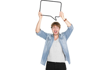 Man holding sign speech bubble screaming excited. Young casual Caucasian man in his twenties. isolated in transparent PNG.