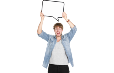 Man holding sign speech bubble screaming excited. Young casual Caucasian man in his twenties. isolated in transparent PNG.