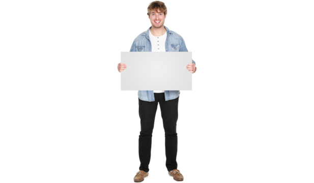 Man showing sign standing in full body. Casual young guy holding blank empty banner sign isolated in transparent PNG. Caucasian male model in his twenties.