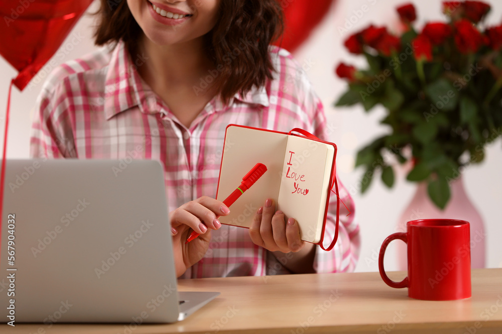 Canvas Prints Valentine's day celebration in long distance relationship. Woman having video chat with her boyfriend via laptop indoors, closeup