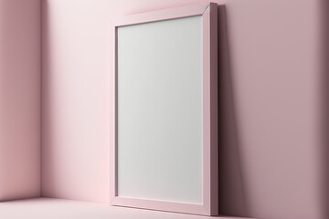 close up of a mock up poster frame on a wall painted a soft pink tone,. Generative AI