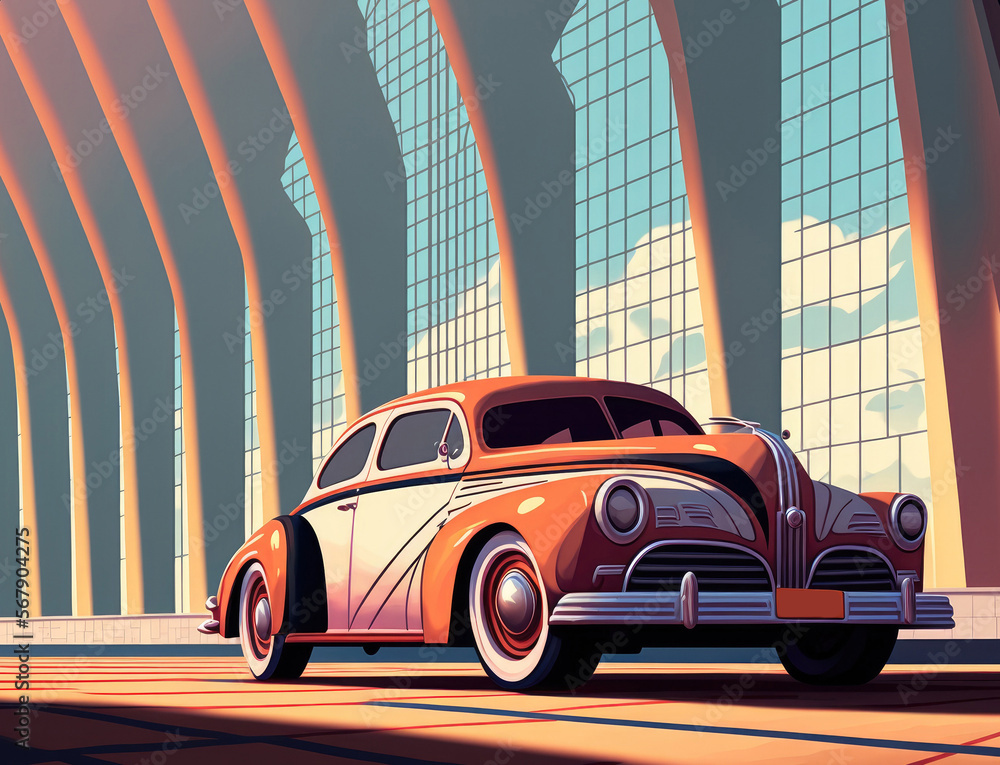 Poster depiction of a car against a background of futuristic architecture and an empty concrete floor. gene