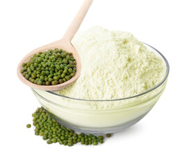 Bowl of flour, spoon and mung beans on white background