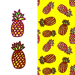 doodle pineapple and seamless pattern