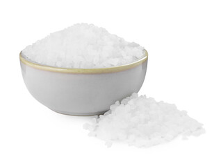 Ceramic bowl and heap of natural sea salt isolated on white