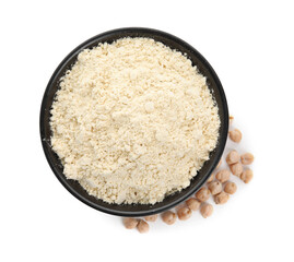 Chickpea flour in bowl and seeds isolated on white, top view