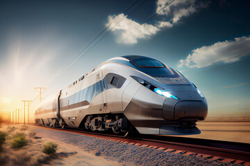 Futuristic high-speed express passenger train. Logistics of the future, modern technologies
