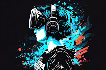 concept of virtual reality technology, graphic of a teenage gamer wearing VR head-mounted playing game