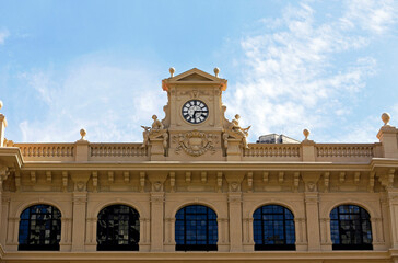 Facade of old building of Post Office Palace or Palacio dos Correios in Portuguese. Sao Paulo downtown, Brazil