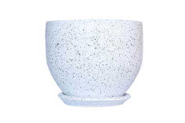 Modern white polka dot flower ceramic pot with saucer on transparent background, PNG File