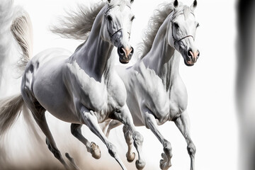Naklejka na ściany i meble Running over a white background are stunning white arabian horses. Generative AI
