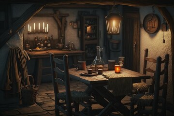 Fototapeta na wymiar Old Tavern Building Interior, Medieval Inn, Fantasy RPG [Generative AI]