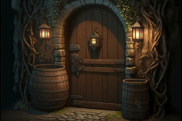 Old Wooden Door with Barrels and Lanterns Exterior of Tavern Medieval Fantasy RPG [Generative AI] - obrazy, fototapety, plakaty